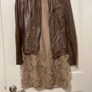 Taupe silk, sleeveless lined mini dress